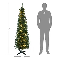 HOMCOM 6ft Prelit Pencil Artificial Christmas Tree Slim X mas Tree with 390 Branch Tips and 200 LED Lights - Green