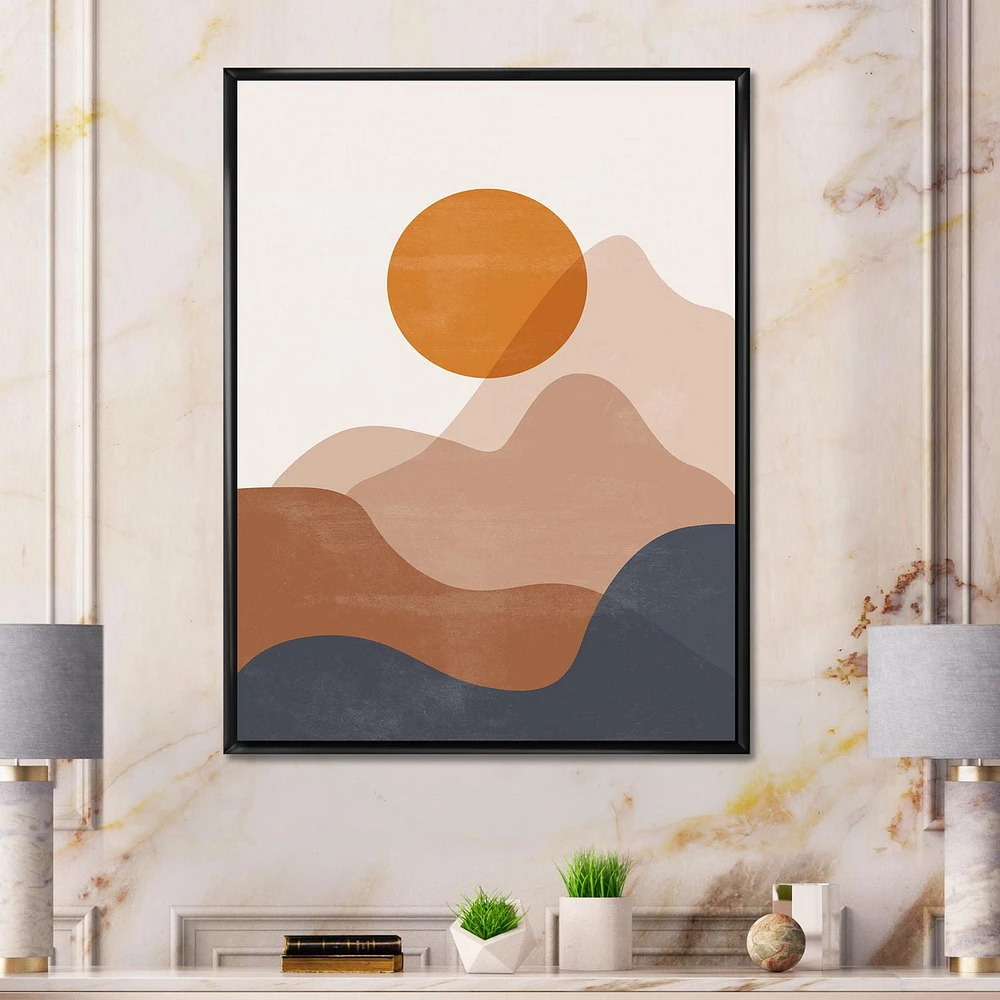 Designart Abstract Red Moon In Earth Toned Mountains II FLOAT FRAME WALL ART