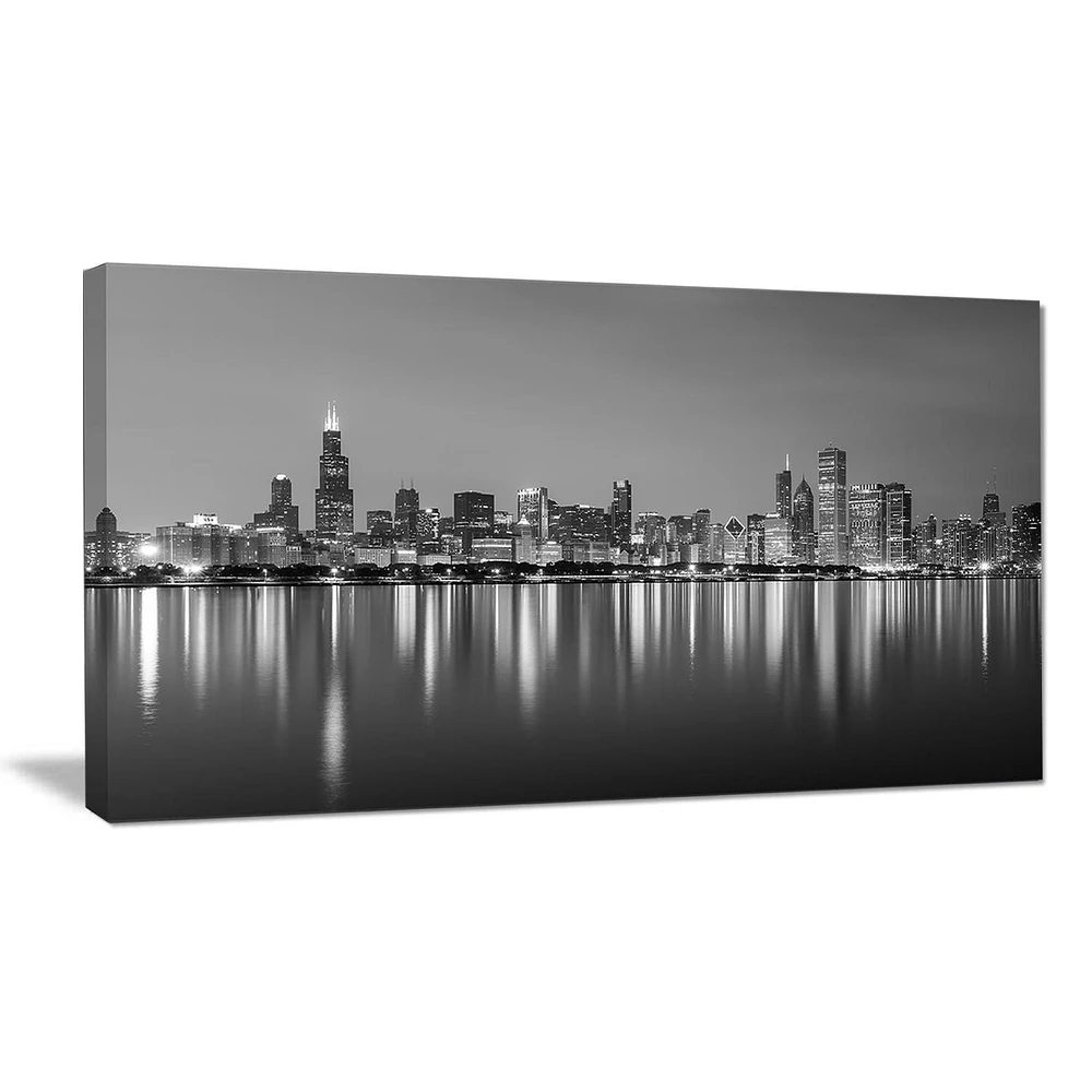 Design Art Chicago Skyline at Night Black And White Cityscape Canvas Art Print