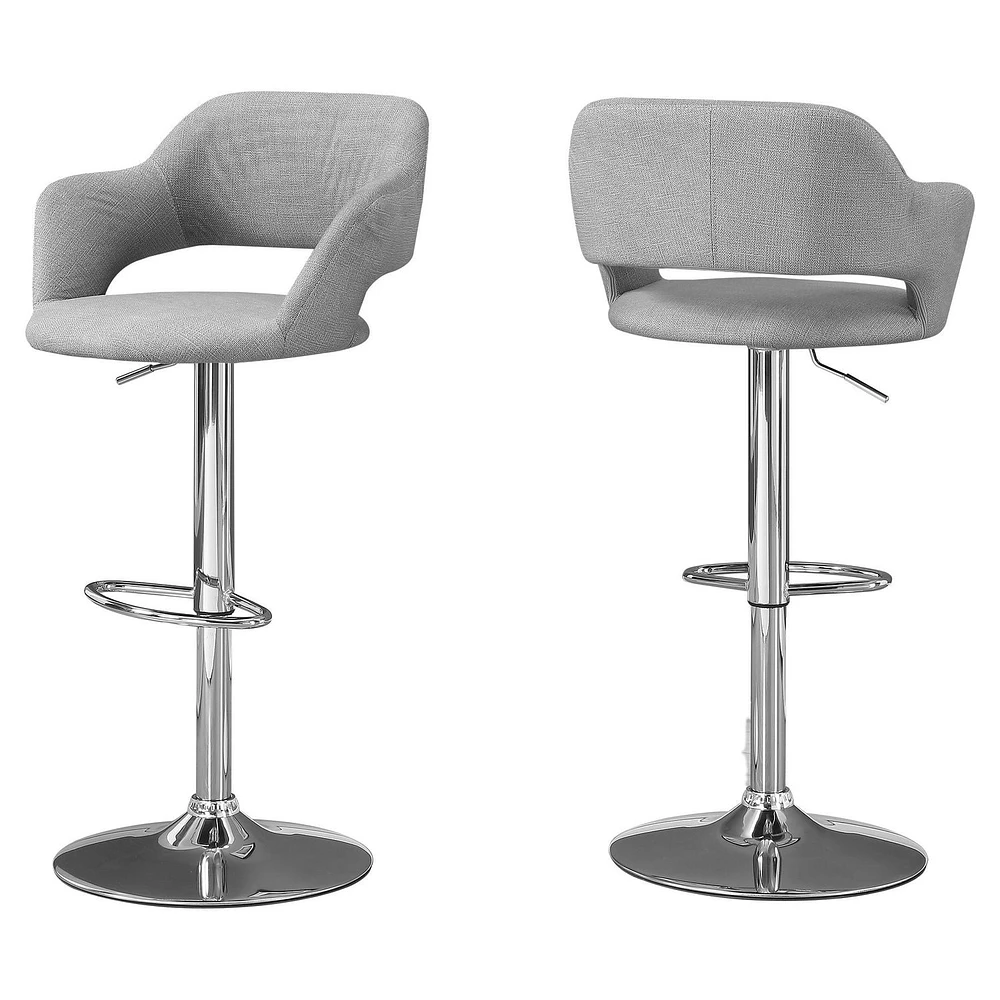 Monarch Specialties Bar Stool, Swivel, Bar Height, Adjustable, Metal, Fabric, Grey, Chrome, Contemporary, Modern