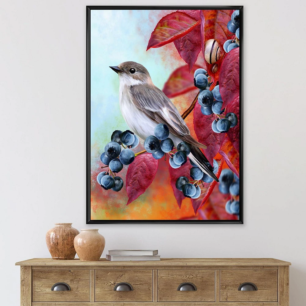 Designart Little Gray Bird On Red Autumn On Blueberry Twig FLOAT FRAME WALL ART