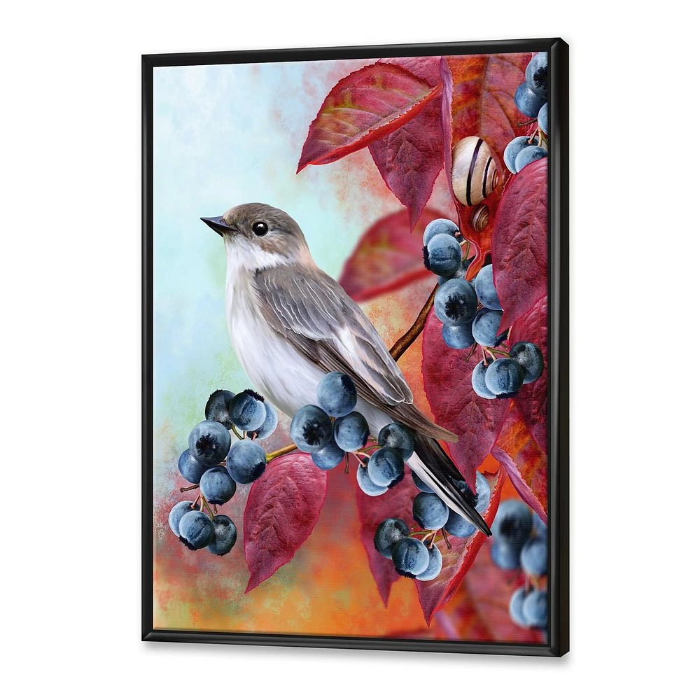 Designart Little Gray Bird On Red Autumn On Blueberry Twig FLOAT FRAME WALL ART