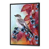 Designart Little Gray Bird On Red Autumn On Blueberry Twig FLOAT FRAME WALL ART