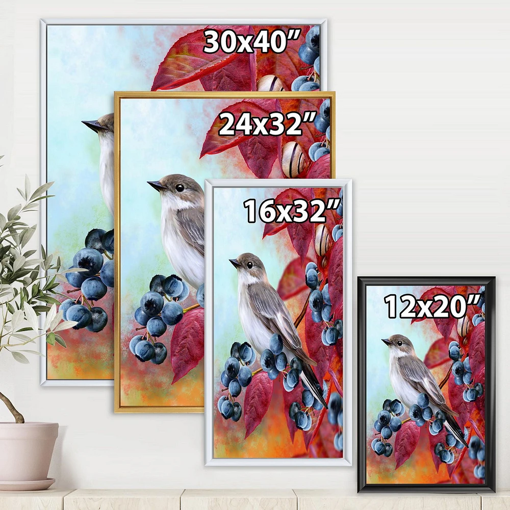 Designart Little Gray Bird On Red Autumn On Blueberry Twig FLOAT FRAME WALL ART