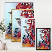 Designart Little Gray Bird On Red Autumn On Blueberry Twig FLOAT FRAME WALL ART