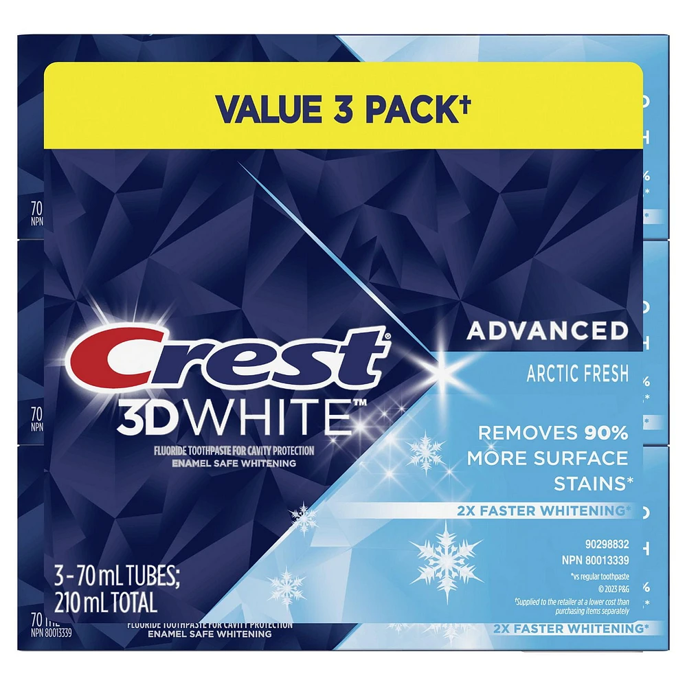 Crest 3D White Advanced Whitening Toothpaste, Arctic Fresh, 70 mL, Pack of 3