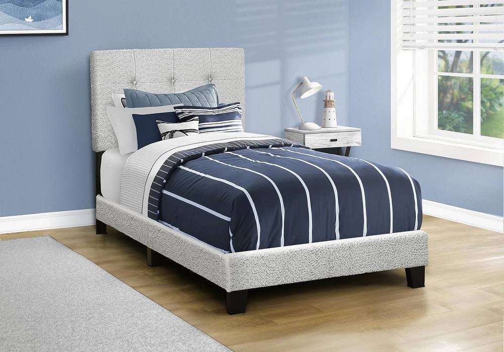 Monarch Specialties - Lit, Taille Jumelle, Rembourré, Cadre Seulement, Chambre À Coucher, Juvénile, Jeune, Boucle Gris Clair, Transitionnel