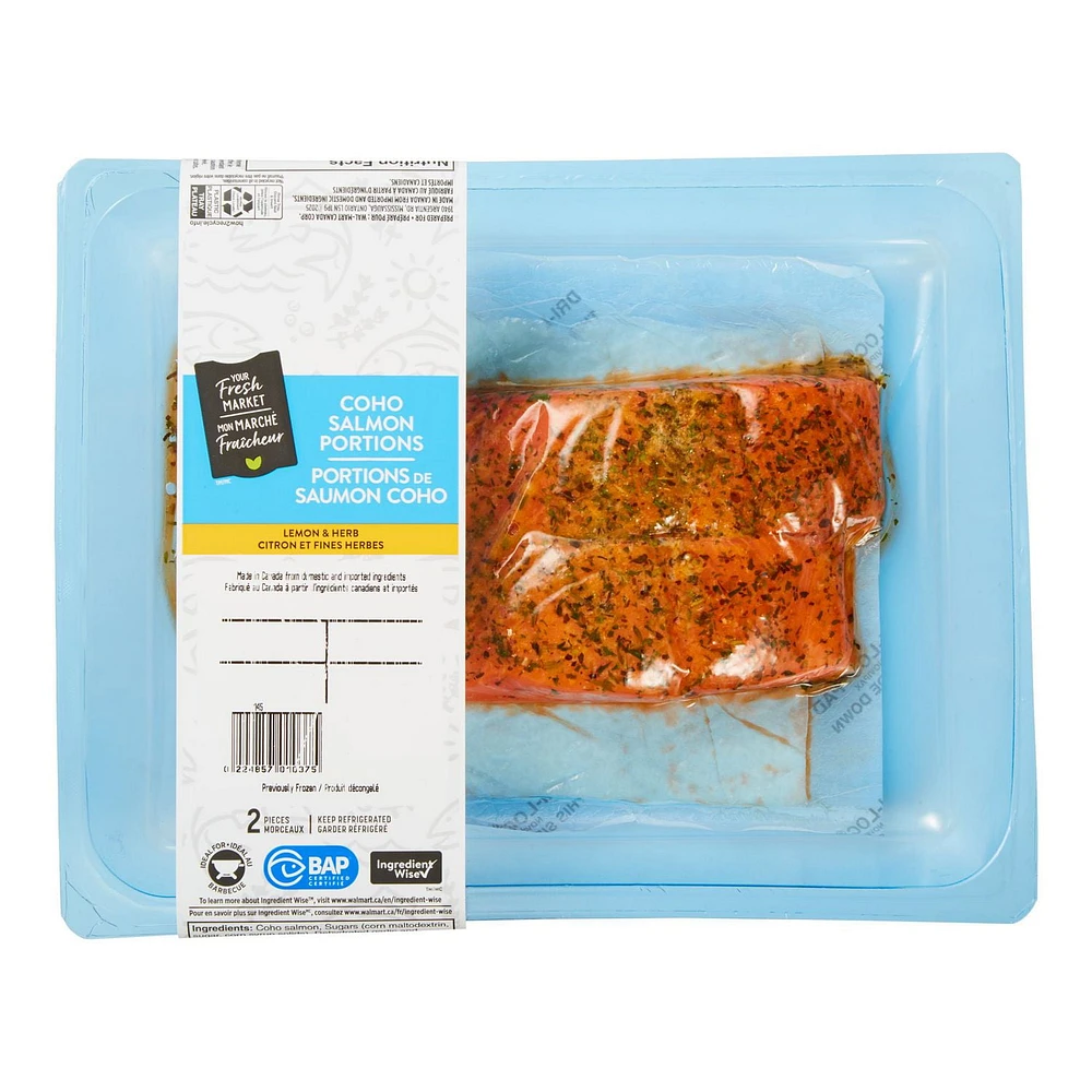 Portions de saumon coho au citron et aux fines herbes Mon marché fraîcheur, 2 morceaux, 0.26 - 0.31 KG