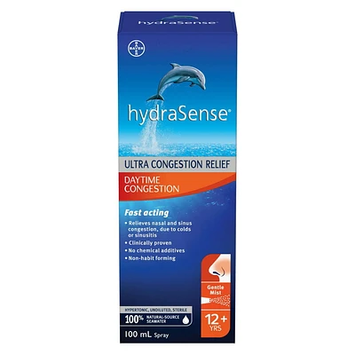 hydraSense Daytime Congestion Nasal Spray - Ultra Nasal Congestion Relief Saline Spray, 100 mL