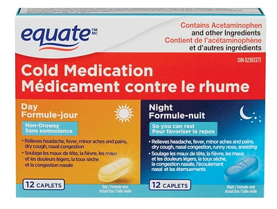 Equate Médicament contre le rhume, Formule-jour, Formule-nuit. 12 Formule-jour et 12 Formule-nuit
