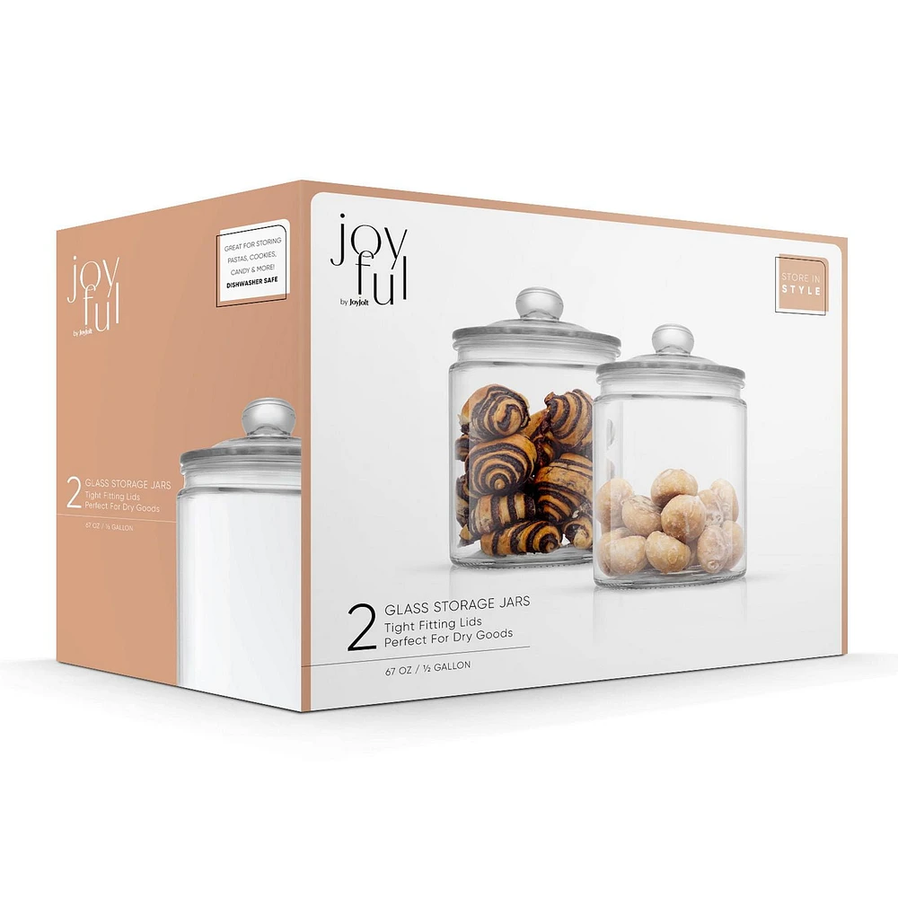 JoyFul Round Glass Cookie Jar with Airtight Lids - 67 oz - Set of 2