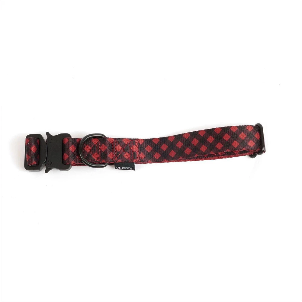 One Paw, Buffalo Plaid Nylon Dog Collar with Metal Buckle, Water Repellent, Multiple sizes, One Paw Buffalo Plaid Nylon Dog Collar