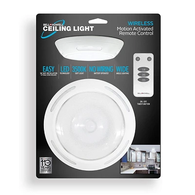 Bell + Howell Wireless Motion Activated LED Ceiling Light with Remote Control, 3500K Soft White, Battery Operated, Easy Installation, Ceiling Light