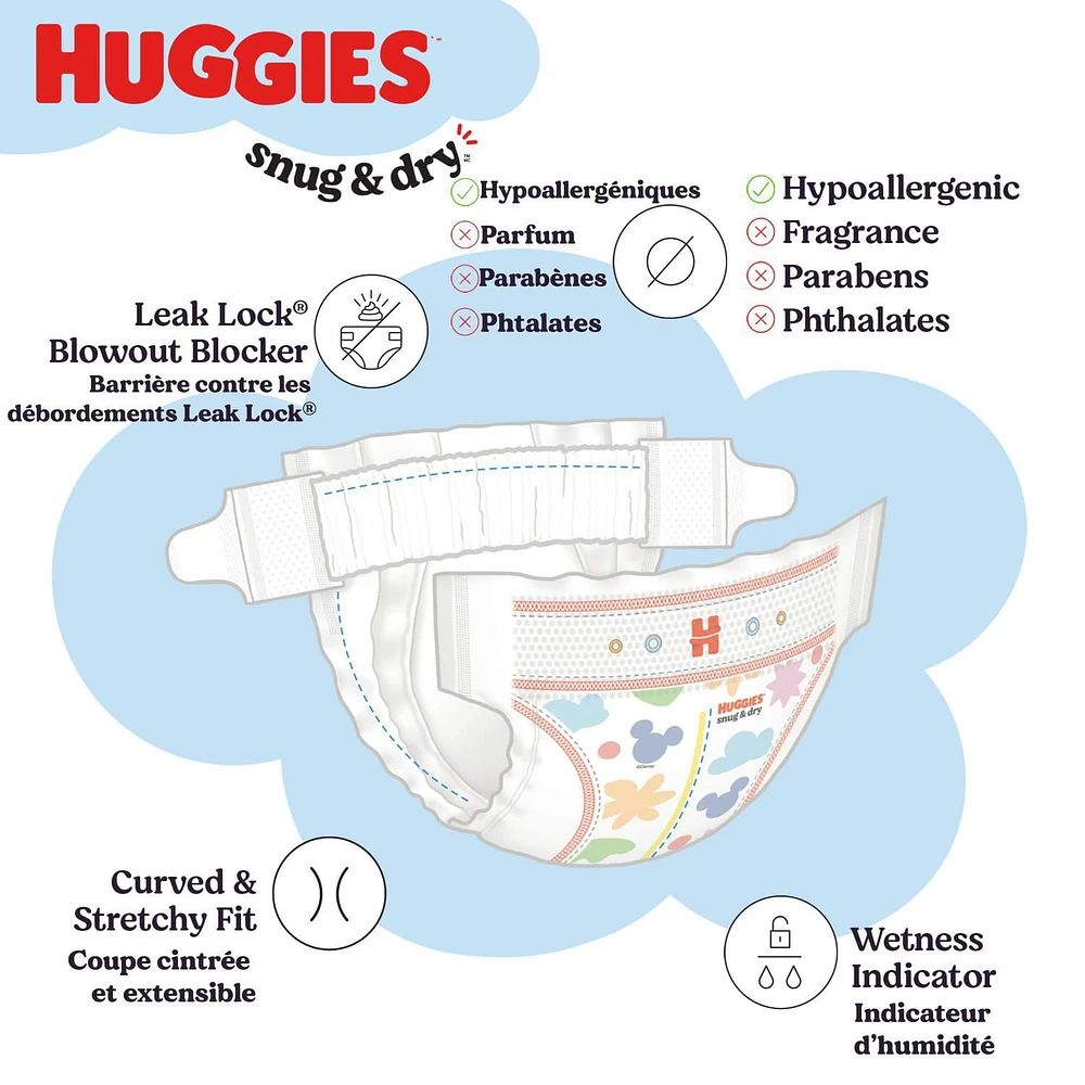 Couches Huggies Snug & Dry Baby, ECONO Size 1-8 (8-35+lbs), 256-96 Ct