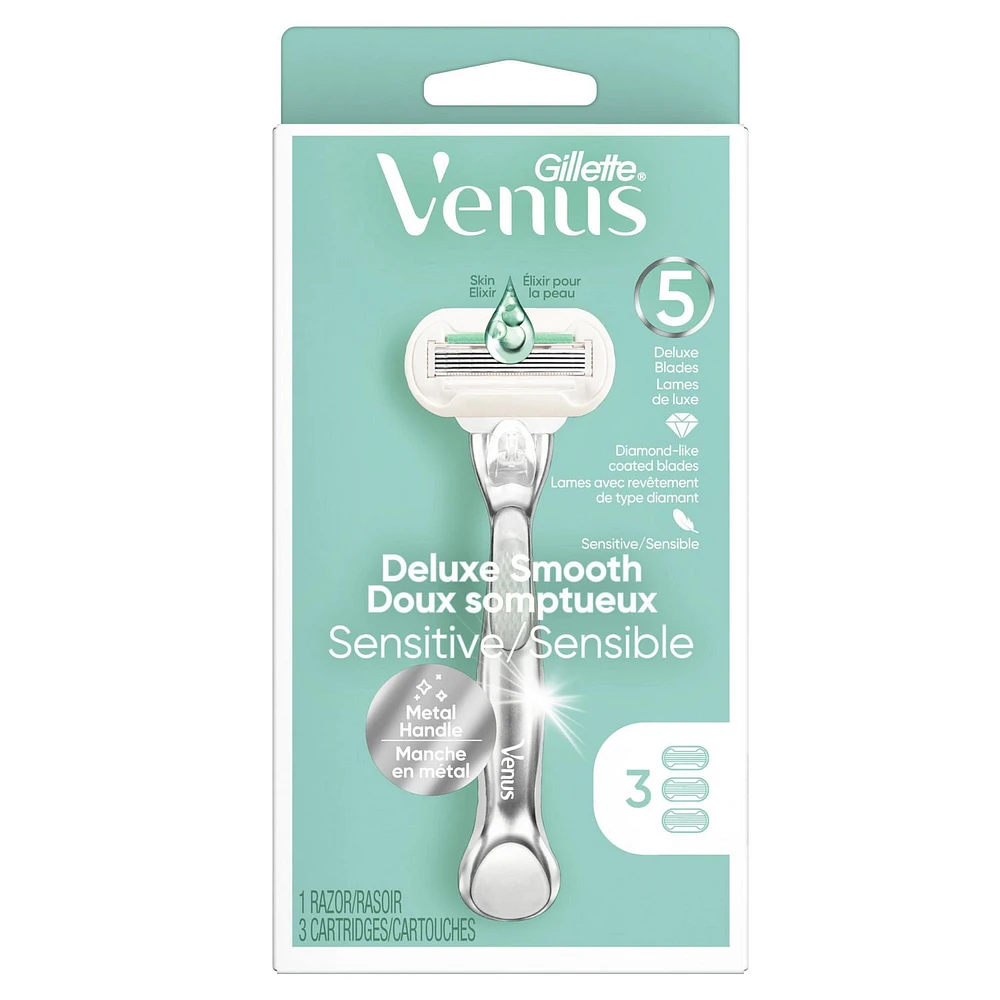 Gillette Venus Deluxe Smooth Sensitive Women's Razor, Handle + 3 Blade Refills