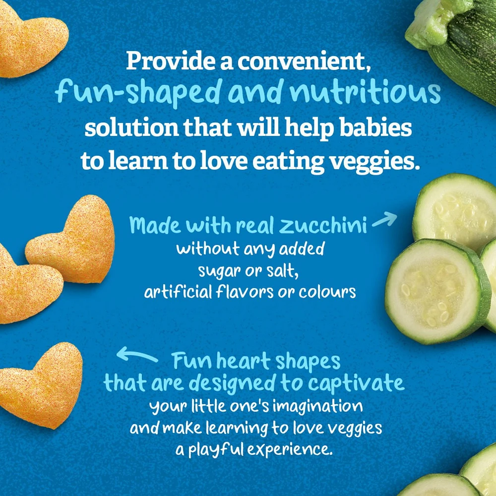 GERBER Veggie Hearts Zucchini, Baby Snacks, 10 Months & Up, Source Of Vitamin B1, Iron & Zinc, 3g Whole Grains, Made with Real Zucchini, No Artificial Flavours or Colours, No Added Sugar, No Added Salt, 35g