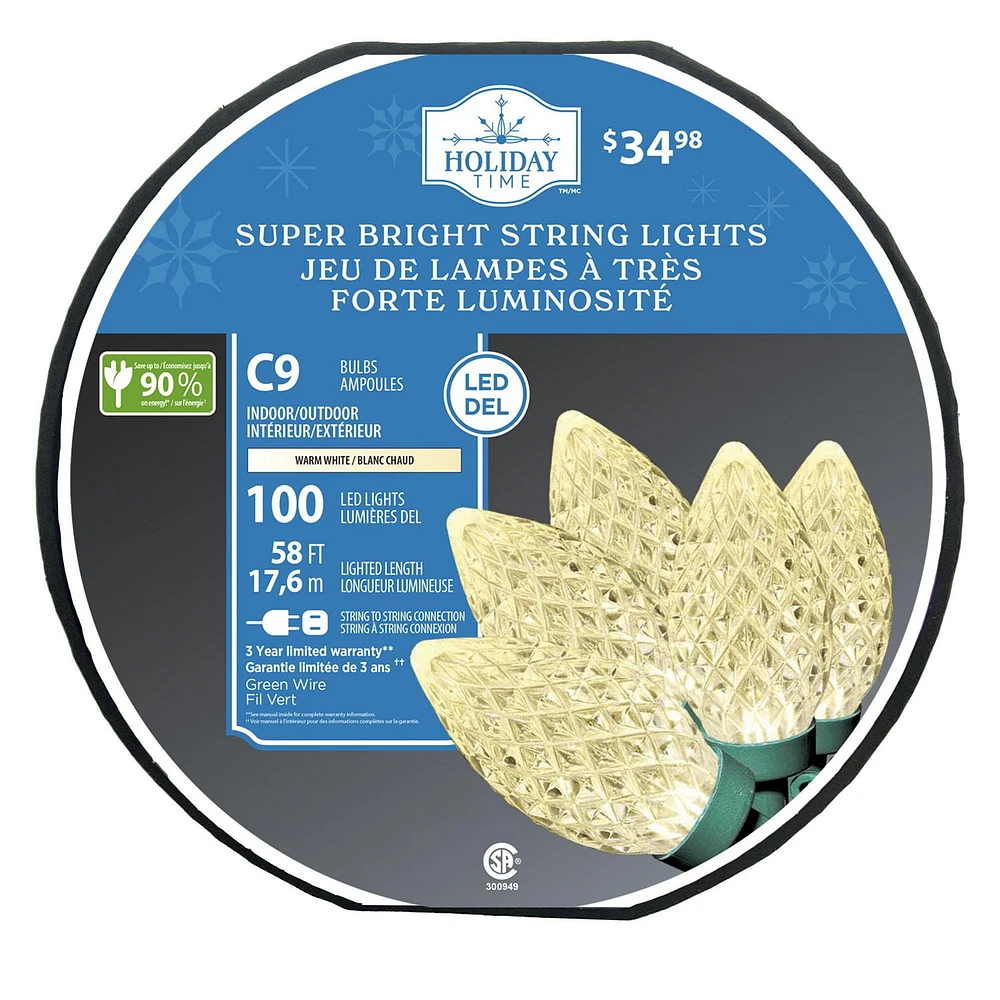 Holiday Time 100-Count Warm White LED Diamond-Cut C9 Christmas Lights, with Green Wire, 58'