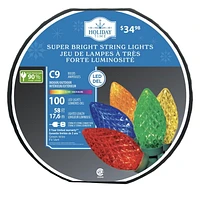 Holiday Time 100-Count Multicolor LED Diamond-Cut C9 Christmas Lights, with Green Wire, 58', 8"(20.3 cm) bulb spacing