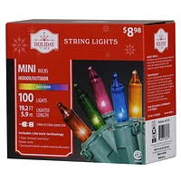 Holiday Time 100-Count Multicolor Incandescent Mini Christmas Lights, with Green Wire, 19.2', 3.25"(8.2 cm) bulb spacing