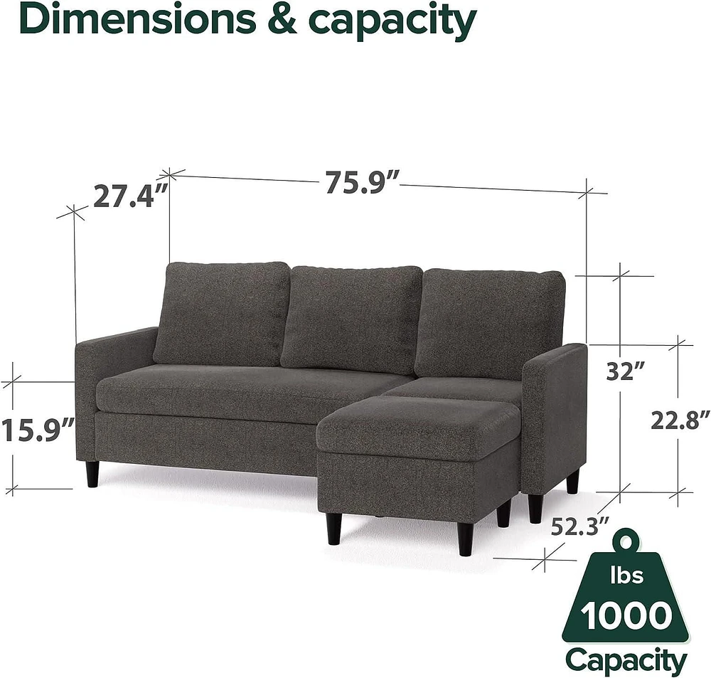 Zinus Hudson Convertible Sectional Sofa Couch with Ottoman, Dark Grey