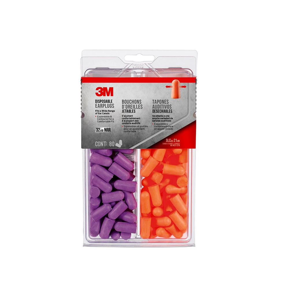 3M™ Disposable Earplugs 92059H80-DC, 32 dB NRR, Purple & Orange, Disposable Earplugs