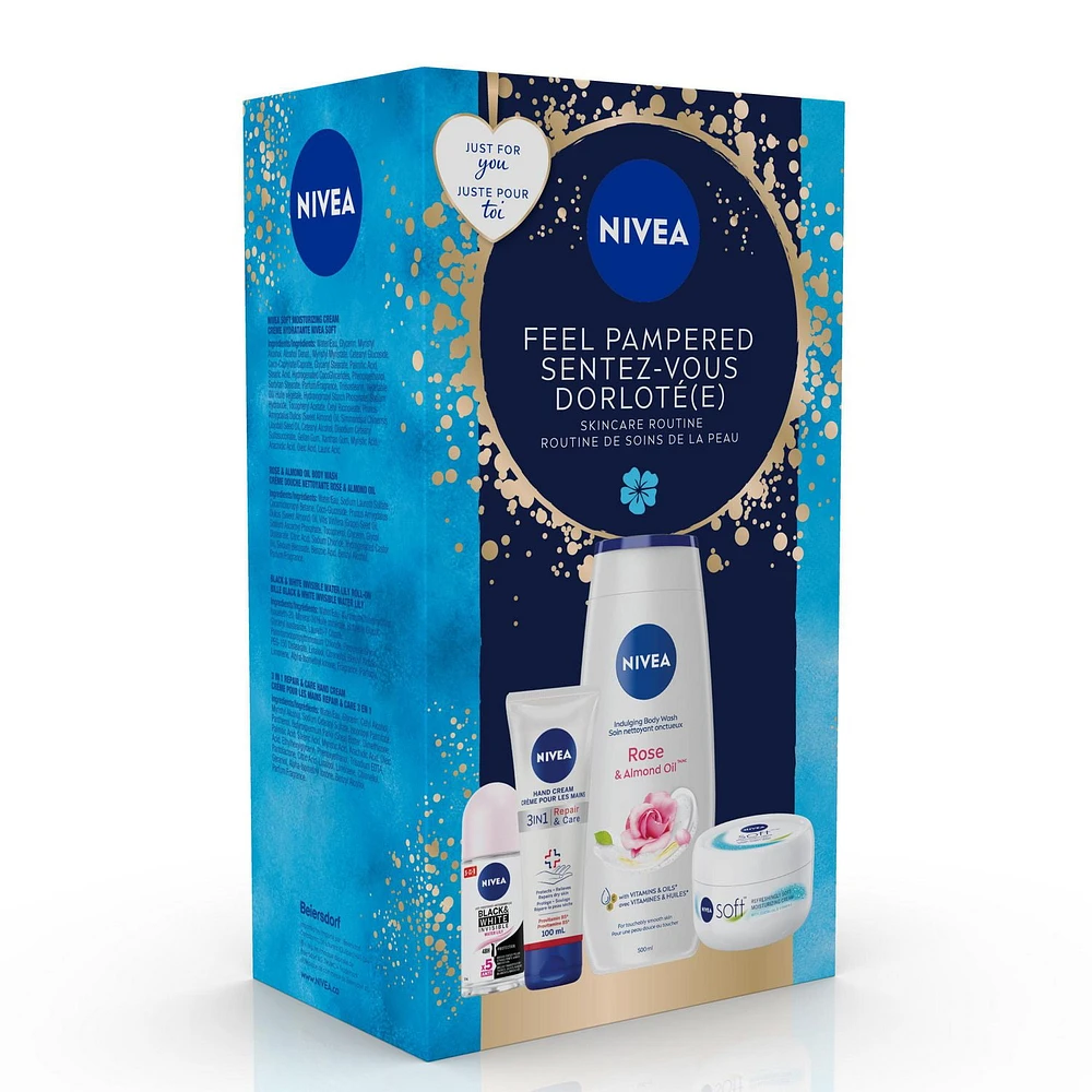 NIVEA Feel Pampered Skincare Routine, Holiday Gift Set, 4 pieces