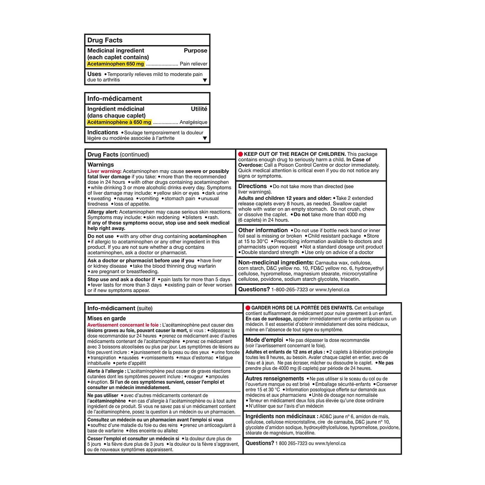 Tylenol Douleurs arthritiques Acétaminophène à 650 mg en caplets, Format écono 200 + 15 caplets