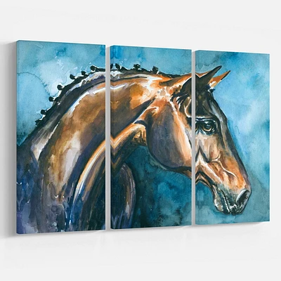 Design Art Brown Horse on Blue Watercolor Canvas Print