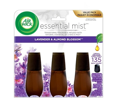 Recharge de diffuseur d’huile parfumée Air Wick essential mist, Fleurs de lavande et amande, 3 unité, Assainisseur d'air Diffuseurs de brume faciles.