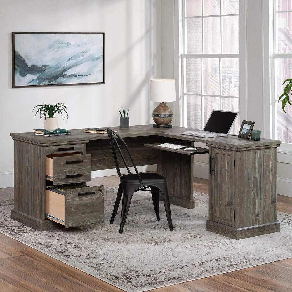 Sauder Aspen Post L-Desk, Pebble Pine, 433686