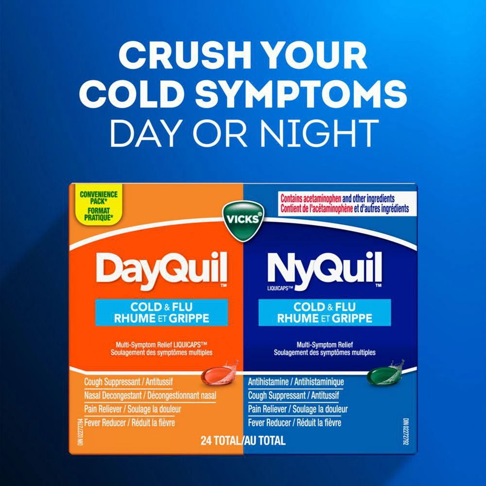 Vicks DayQuil et NyQuil Rhume et grippe LiquiCaps format pratique 48 capsules liquides