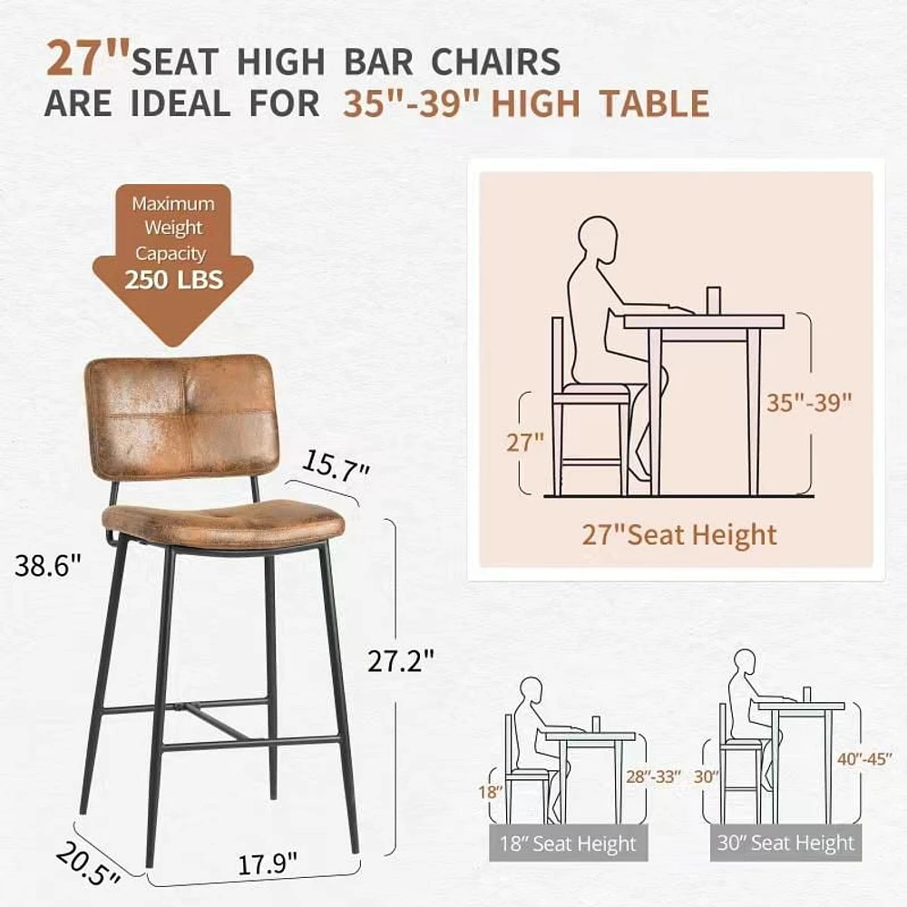 Homycasa Barstool Set of 2 - 27" Seat Height Counter Stools with Black Metal Legs for 35"-39" High Tables Kitchen Island