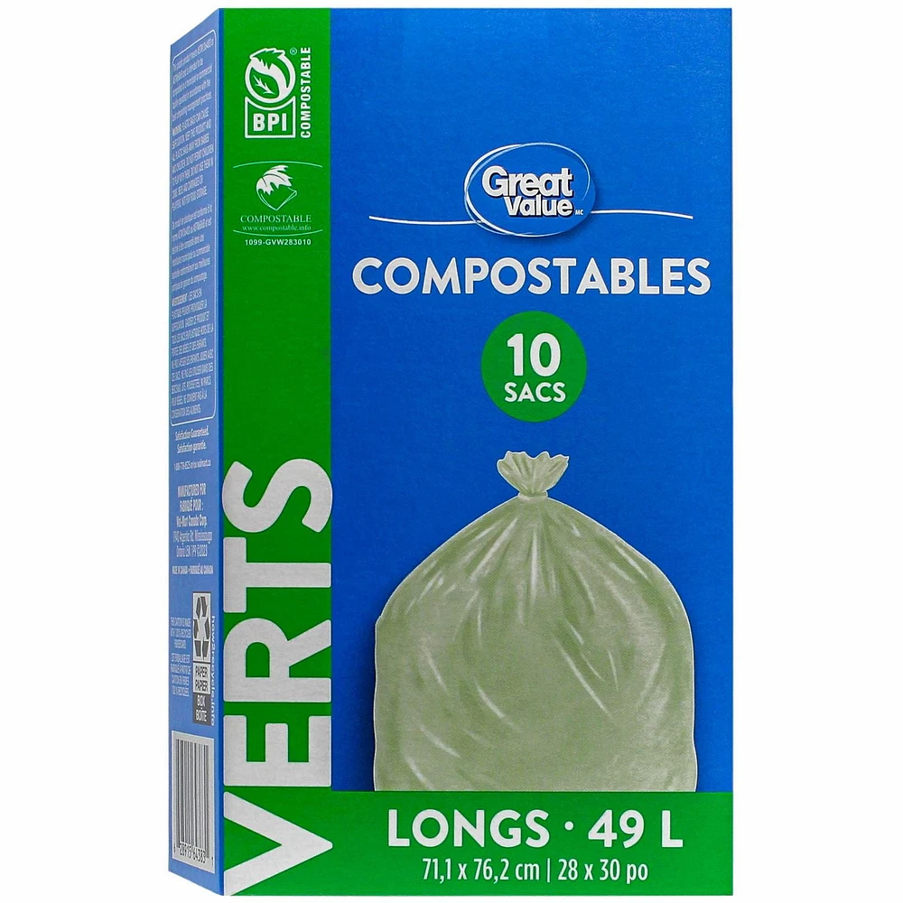 Sacs compostables verts format Long Great Value 71,1 x 76,2 cm