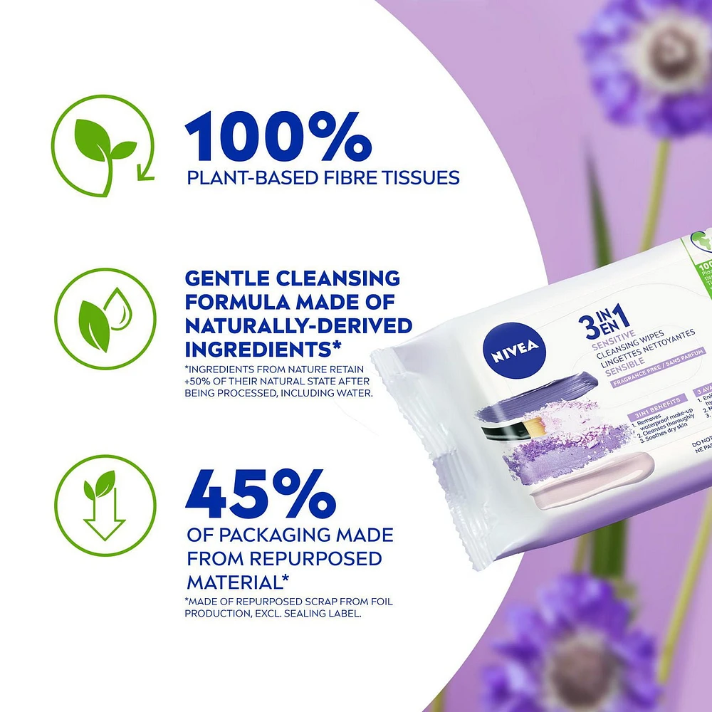 NIVEA 3-in-1 Biodegradable Sensitive Skin Cleansing Wipes, 40 Wipes