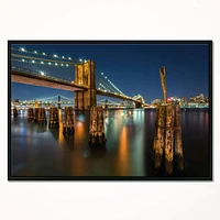 Design Art Lit up Brooklyn Bridge by Night Framed Canvas Art Print