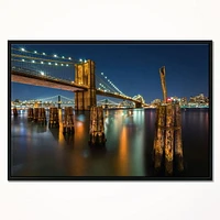 Design Art Lit up Brooklyn Bridge by Night Framed Canvas Art Print