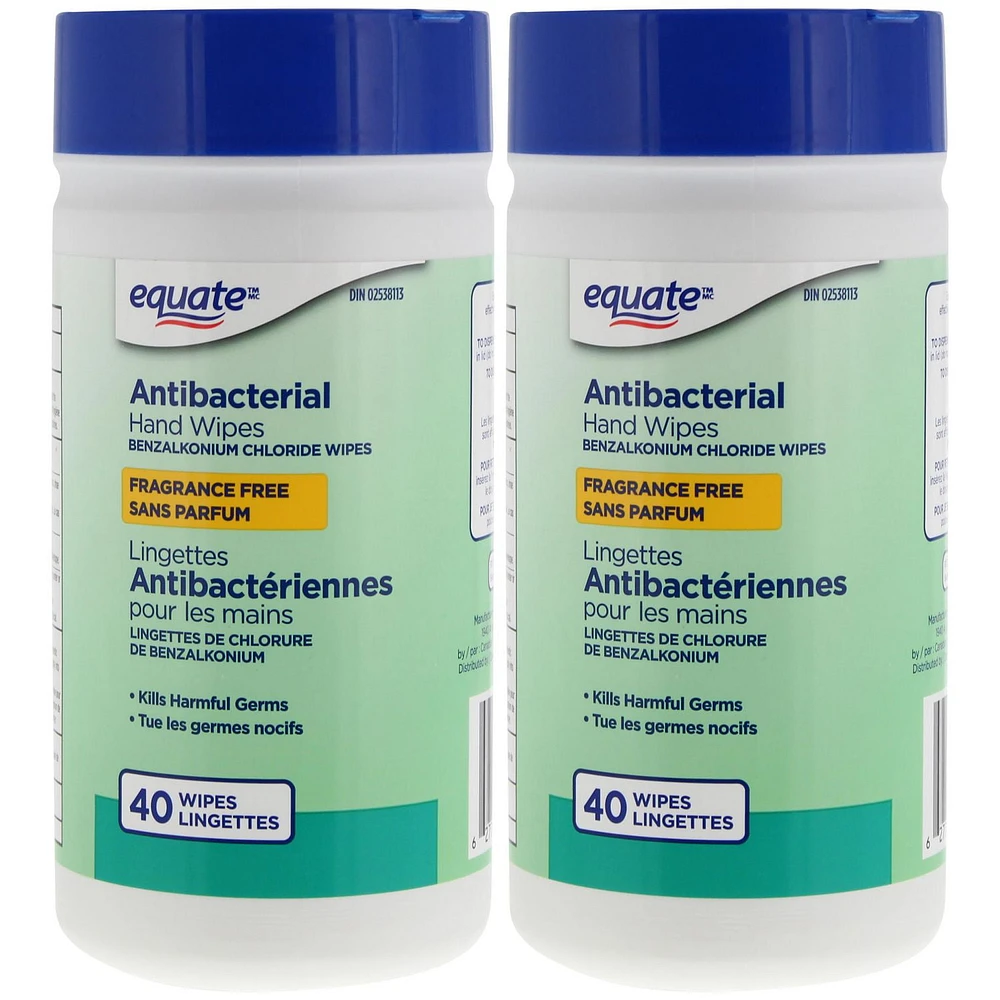 Equate Antibacterial Hand Wipes, 2 packs of 40 wipes