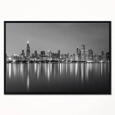 Design Art Chicago Skyline at Night Black And White Framed Canvas Art Print