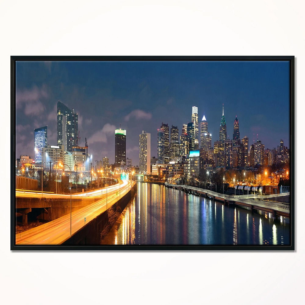 Design Art Philadelphia Skyline at Night Framed Canvas Art Print