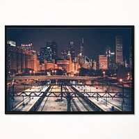 Design Art Dark Chicago Skyline And Railroad Framed Canvas Art Print