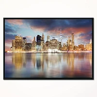 Design Art New York Skyline at Sunrise with Reflection. Framed Canvas Art Print