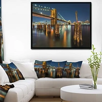 Design Art Lit up Brooklyn Bridge by Night Framed Canvas Art Print