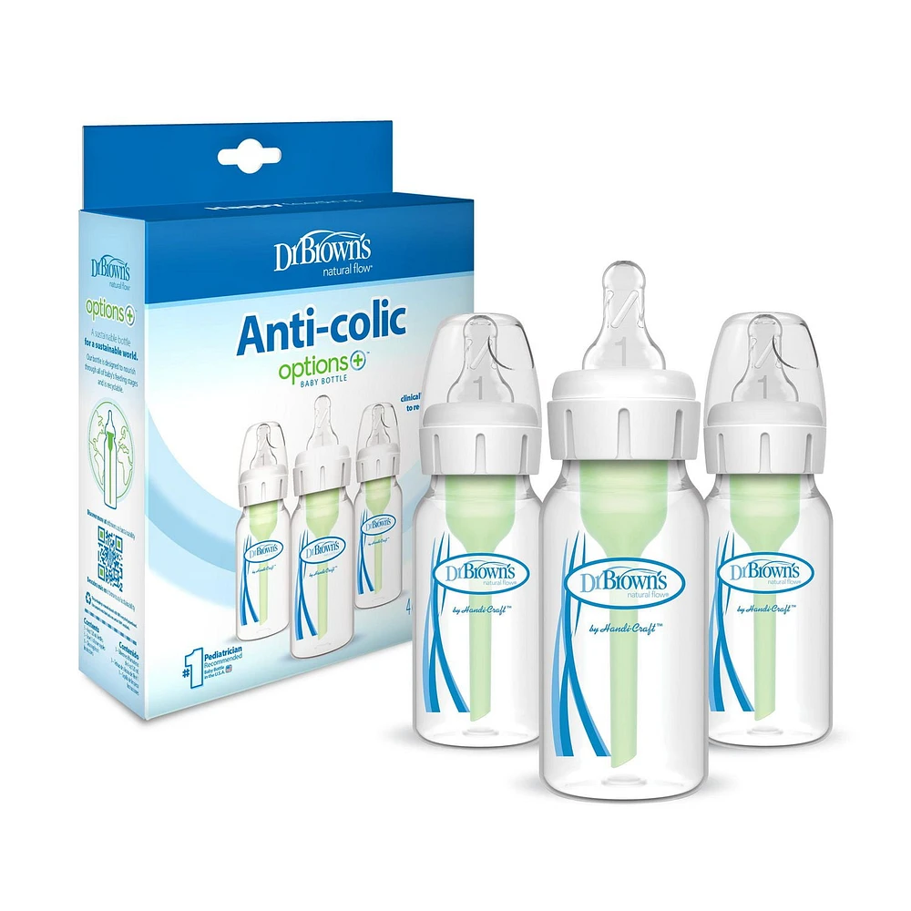 Dr. Brown’s Natural Flow Anti-Colic Options+ Baby Bottles, 4oz/120mL, Level 1 Slow Flow Nipples,  3-Pack, 0m+