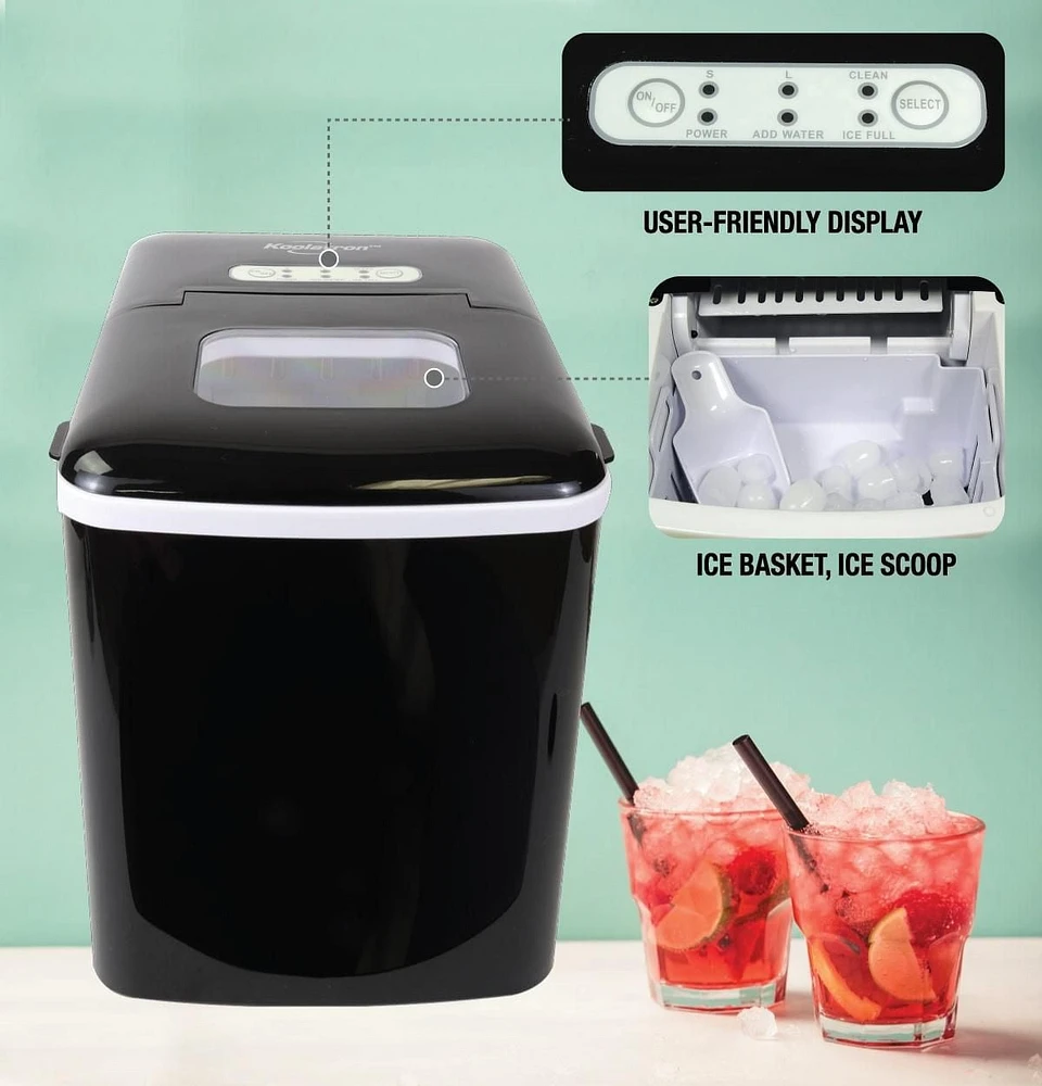 Koolatron Compact Countertop Ice Maker, 9pcs Cubes Ready in 6 Mins, 26lbs of ice in 24 hours with Digital Controls and LED Indicators