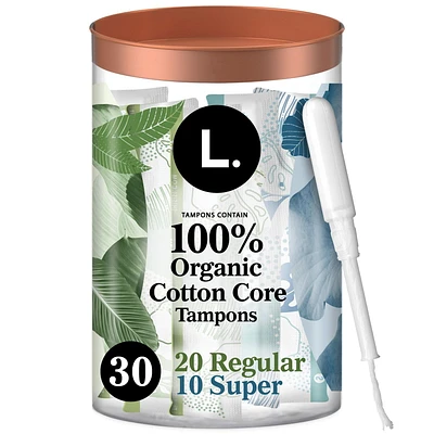 Tampons L. en coton sans blanchiment au chlore, pesticides, parfums, ni colorants, paquet multiple, degré d’absorption régulier/super 30CT