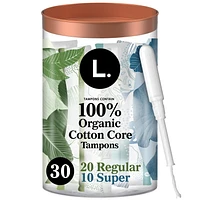 L. Cotton Tampons Regular/Super Absorbency Multipack, Free from Chlorine Bleaching, Pesticides, Fragrances, or Dyes, 30CT