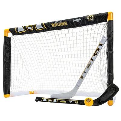 Franklin Sports NHL Bruins Mini Hockey Set - Kids Indoor Knee Hockey Goal, Ball, 2 Mini Hockey Stick Combo Set