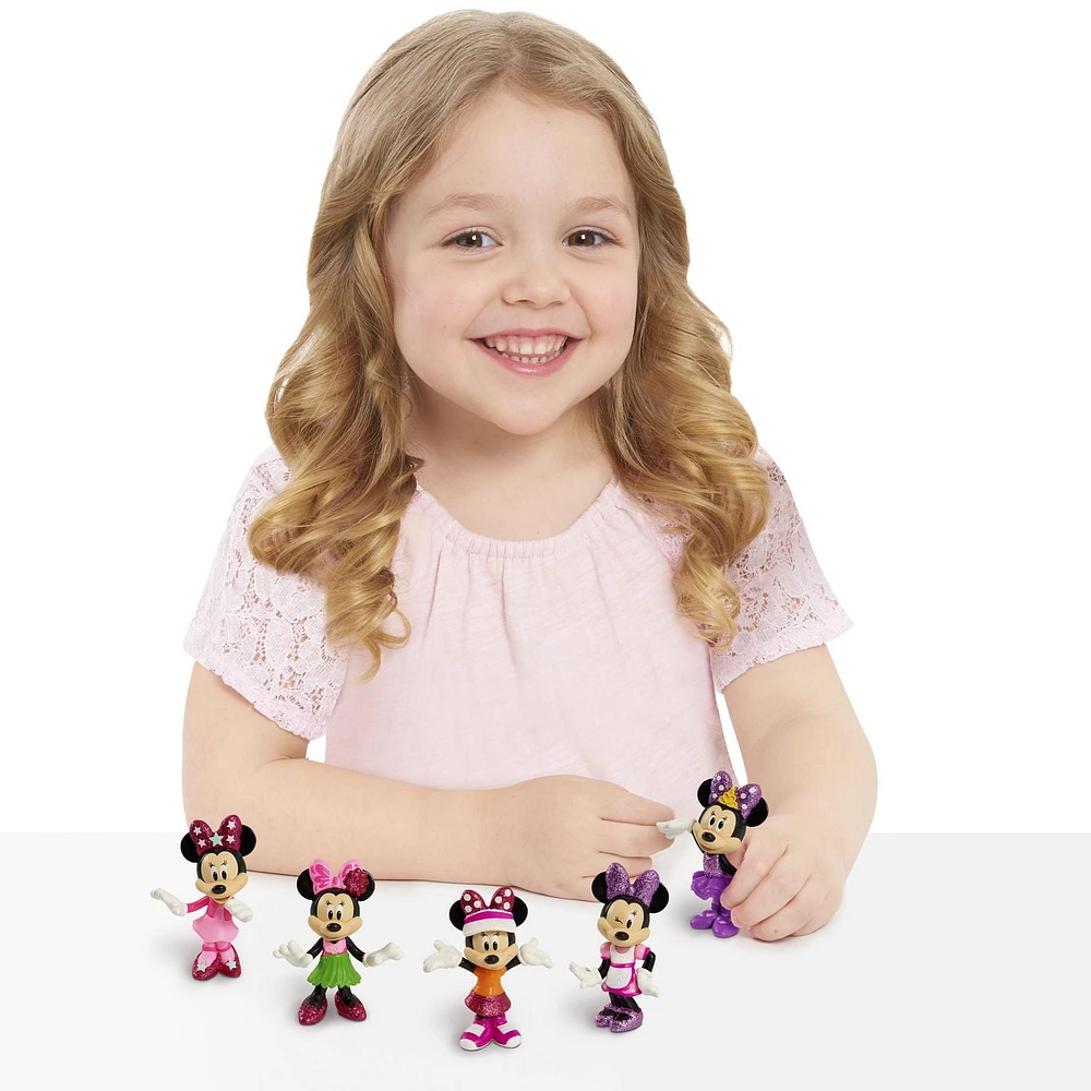 Just Play Disney Junior Minnie Mouse 3 inch Tall Collectible Figure Set, 5 Piece Set Includes Tennis, Hula, Candy Maker, Popstar, and Ballerina Outfits, Kids Toys for Ages 3 up, Disney Junior Minnie Mouse Collectible Figure Set