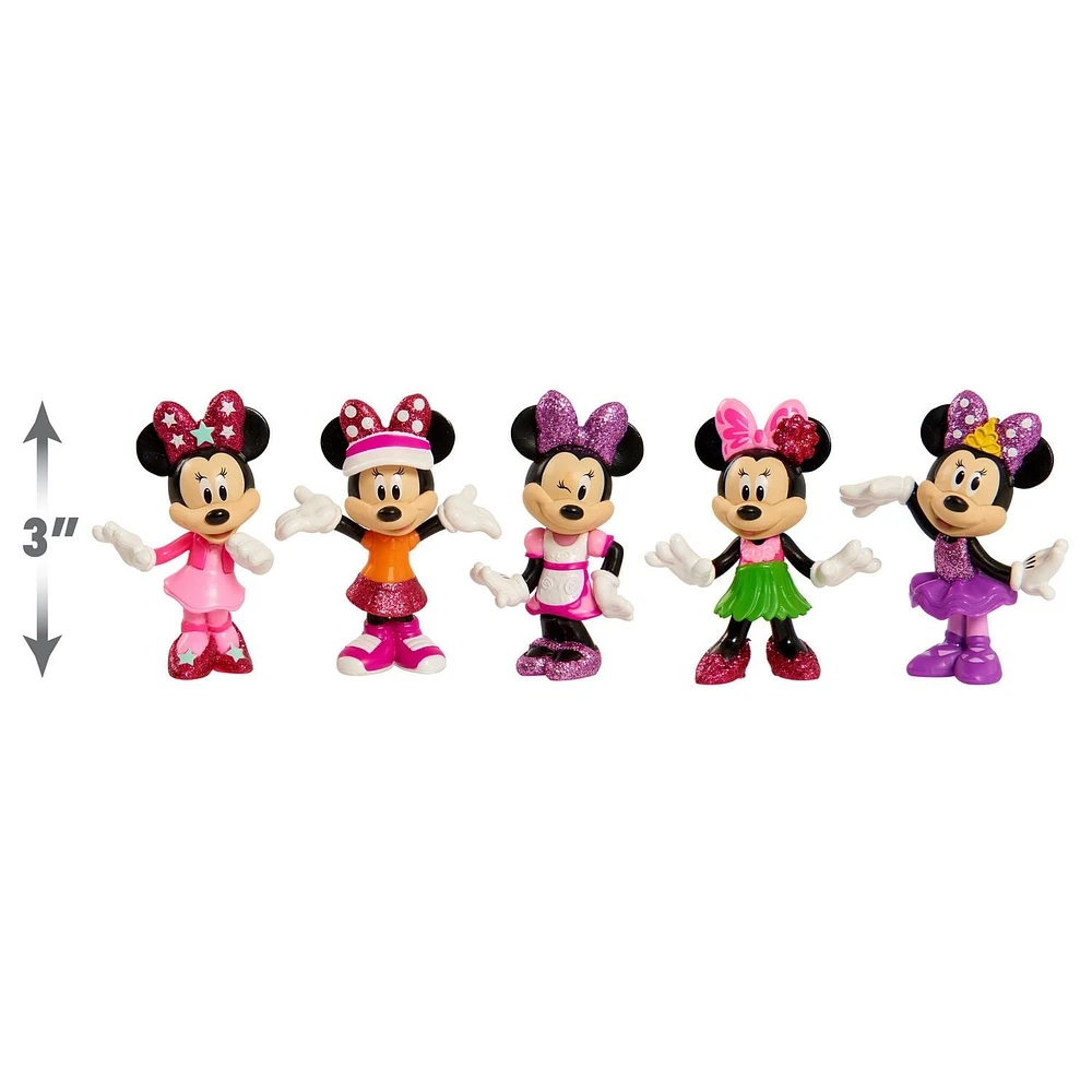 Just Play Disney Junior Minnie Mouse 3 inch Tall Collectible Figure Set, 5 Piece Set Includes Tennis, Hula, Candy Maker, Popstar, and Ballerina Outfits, Kids Toys for Ages 3 up, Disney Junior Minnie Mouse Collectible Figure Set