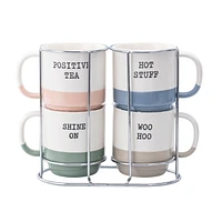 Mainstays Two-Tone Saying Ceramic Stacking Mug Set, 13 oz, 4 piece, Stacking Mug Set